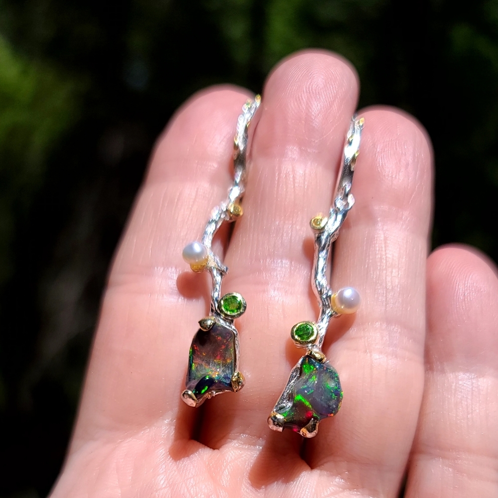 RAW black Opal chrome Diopside pearl & citrine sterling vine earrings - Picture 7 of 13